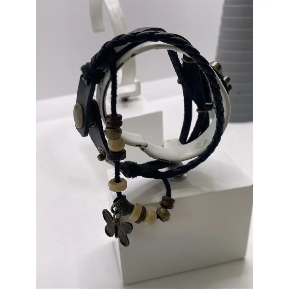 Womens Black Leather Wood Bead Butterfly Watch New Battery